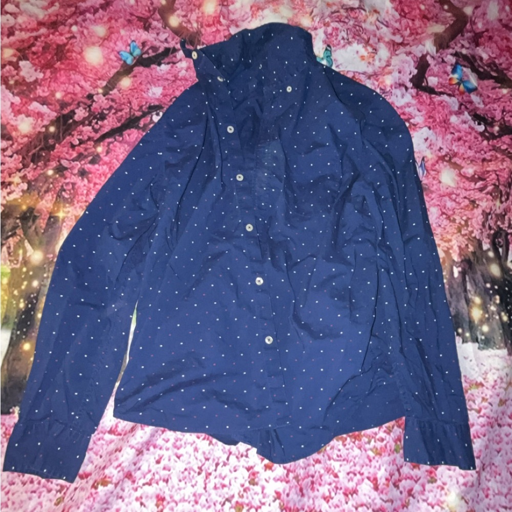 Navy Blue Polka Dot Button-Up Casual Shirt